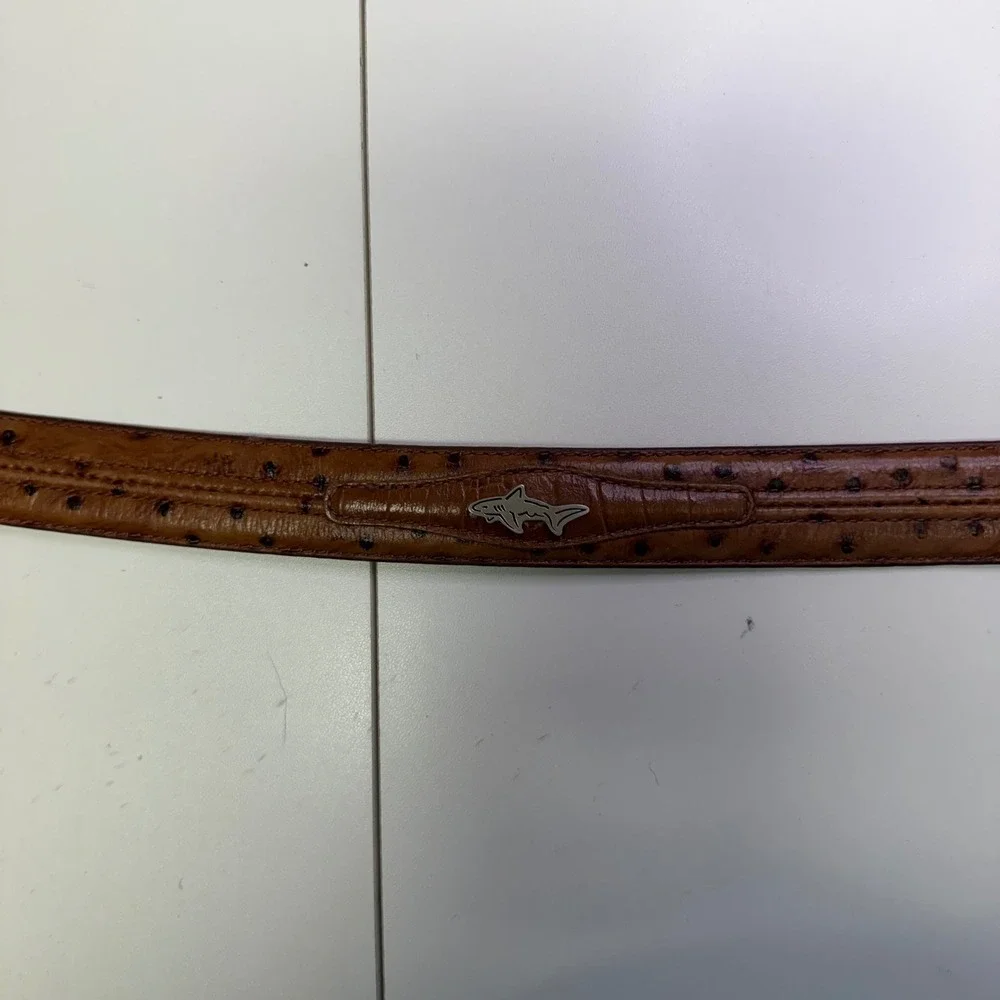 VTG Greg Norman Yachting Brown Ostrich Leather‎ Belt Silver Shark Logo GNL010
